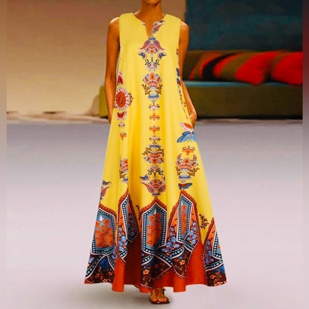 SHEIN Boho Yellow Sleeveless Maxi Dress w/ Tribal Floral Print & Pockets Size L